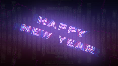 Animation-text-Happy-New-Year-and-cyberpunk-animation-background-with-computer-matrix-numbers-and-grid