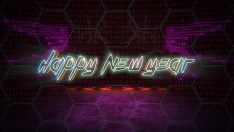 Animation-text-Happy-New-Year-and-cyberpunk-animation-background-with-computer-matrix-numbers-and-grid-1