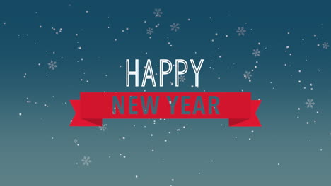 Animated-closeup-Happy-New-Year-text-and-fly-white-snowflakes-on-snow-blue-background