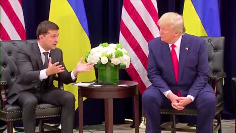 Us-President-Donald-Trump-Sits-And-Talks-With-President-Of-Ukraine-Volodymyr-Zelensky-At-A-Press-Conference-During-The-Impeachment-Whistleblower-Scandal-War-On-Poverty-And-Against-Russia-Discussed
