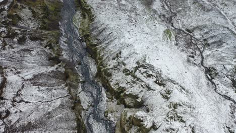 An-aerial-view-shows-snowdrifts-surrounding-a-waterfall-in-Iceland