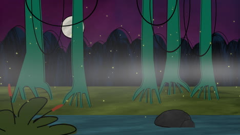 Cartoon-Animationshintergrund-Mit-Abstraktem-Hintergrund-Aus-Wald-und-Sumpf