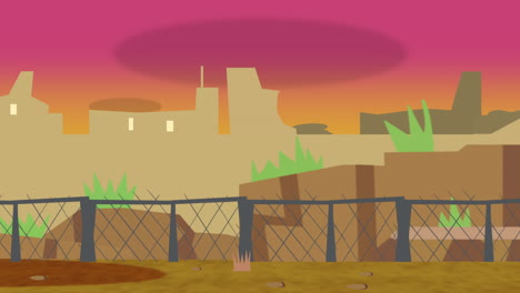 Cartoon-Animationshintergrund-Mit-Sonnenuntergang-Und-Abstraktem-Hintergrund-Der-Gebäude