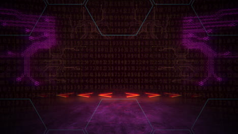 Cyberpunk-Animationshintergrund-Mit-Computermatrixnummern-und-Raster