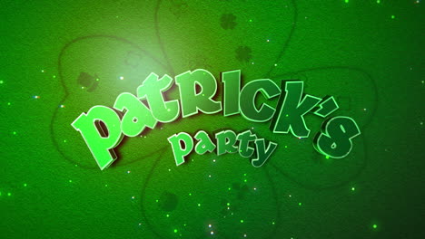 Animation-Nahaufnahme-St.-Patricks-Party-Text-Und-Bewegung-Große-Grüne-Kleeblätter-Mit-Glitzer-Auf-St.-Patrick-Day-Glänzendem-Hintergrund