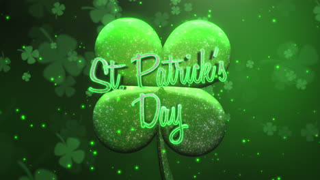 Animation-closeup-Patricks-Day-text-and-motion-big-green-shamrocks-with-glitters-on-Saint-Patrick-green-background