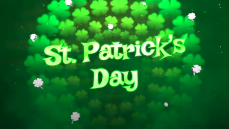 Animation-Nahaufnahme-St.-Patricks-Day-Text-Und-Bewegung-Kleine-Grüne-Kleeblätter-Auf-St.-Patrick-Day-Glänzendem-Hintergrund