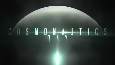 Animation-closeup-Cosmonautics-Day-text-with-motion-planet-and-light-of-star-in-galaxy