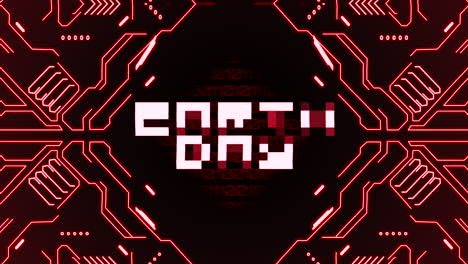 Animation-closeup-Earth-Day-text--with-abstract-lines-and-red-motherboard