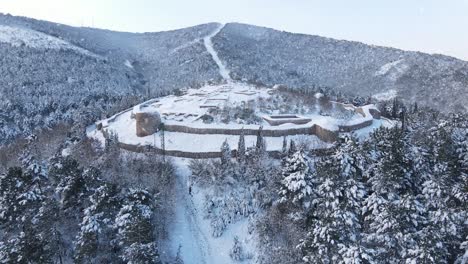 Aerial-View-Historical-Castle-Snowing