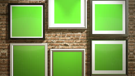 Motion-camera-in-art-gallery-with-picture-and-modern-frame-with-green-mock-up-screen-2