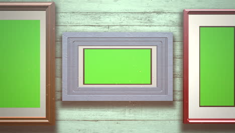 Motion-camera-in-art-gallery-with-picture-and-modern-frame-with-green-mock-up-screen-3