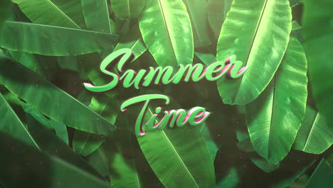 Animierter-Text-Sommerzeit-Und-Nahaufnahme-Tropisches-Blatt-Von-Bäumen