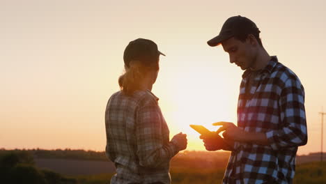 Kollegen-Von-Landwirten-Kommunizieren-Auf-Dem-Feld-Mit-Einem-Tablet
