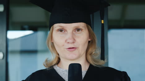 A-Graduate-In-A-Robe-And-Cap-Speaks-Into-The-Microphone