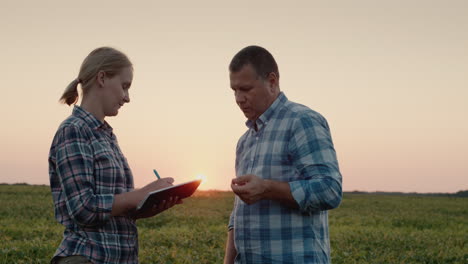 Two-farmers-work-in-a-field-and-study-plants-and-make-notes