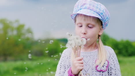 Child-plays-with-dandelion-and-blows-away-the-seeds