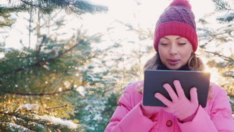 Junge-Frau-Verwendet-Ein-Tablet-Mit-Der-GPS-Navigation-In-Verschneiten-Wäldern-5