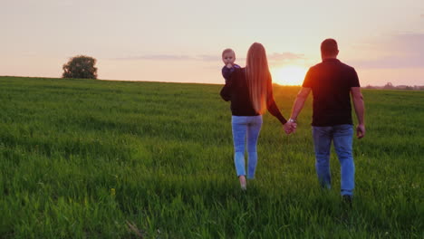 A-Young-Married-Couple-Is-Walking-Along-A-Beautiful-Meadow-At-Sunset