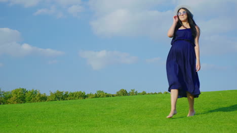An-Elegant-Young-Pregnant-Woman-Is-Standing-On-A-Green-Meadow-Against-A-Blue-Sky-Background