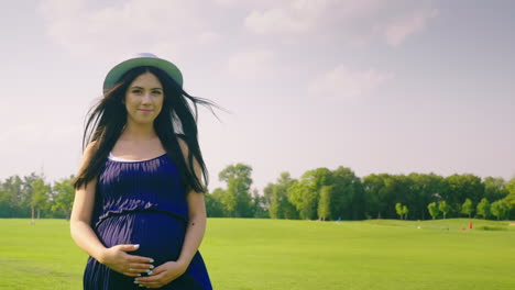 Steadicam-Shot:-Young-Pregnant-Woman-Walks-In-A-Green-Meadow