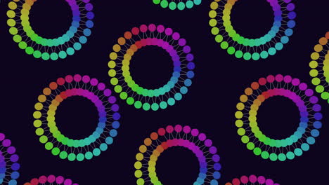 Neon-rainbow-circles-pattern-with-dots-and-lines-on-blue-gradient