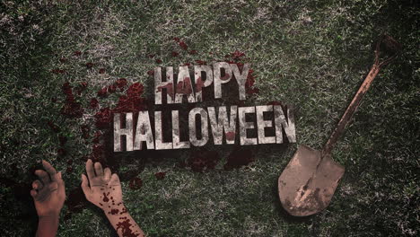 Happy-Halloween-with-shovel-and-hands-on-green-grass