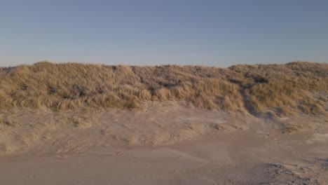 Sandy-beach-and-dunes-on-ocean-coastline,-aerial-side-fly-cinematic-shot