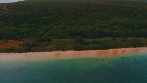 Drone-shot-moving-forward-over-the-ocean-toward-a-forest-island-with-a-beautiful-yellow-beach-during-the-sunset,-a-dirt-alley-is-splitting-the-trees