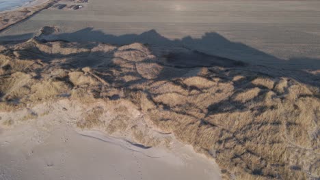 Sandy-dunes-overgrown-with-coastal-plants-near-ocean-water,-high-angle-drone-view