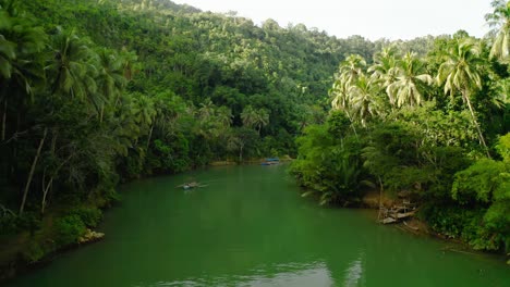 Ruhiger-Loboc-Fluss-In-Der-Provinz-Bohol,-Wo-Traditionelle-Philippinische-Boote-An-Einem-Sonnigen-Tag-Touristen-Durch-Den-Weiten-Grünen-Dschungel-Der-Philippinen-Bringen
