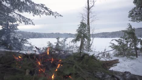 Nahaufnahme-Eines-Lagerfeuers,-Das-Tagsüber-Mit-Einer-Weiten-Winterlandschaft-Im-Hintergrund-Brennt