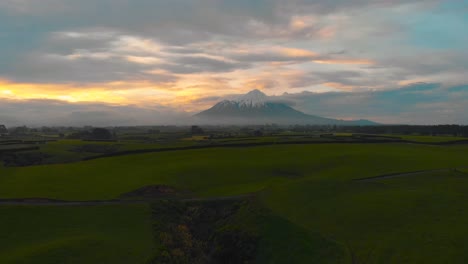 Mount-Taranaki-at-the-sunset-from-above,-New-Zealand