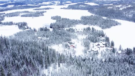 Panoramic-View-Of-Winterly-Landscape-With-Dense-Forest-On-Countryside-Village