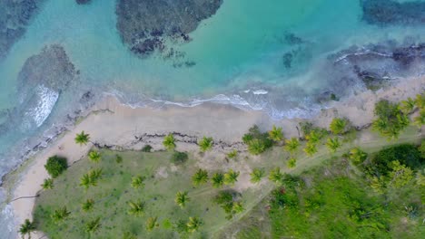 Aerial-top-down-sideways-over-deserted-Esmeralda-beach-in-Dominican-Republic