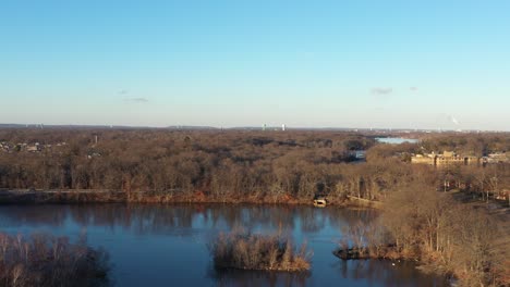 An-aerial-view-of-a-quiet-lake-with-dry,-leafless-trees-surrounding-it-on-a-sunny-day