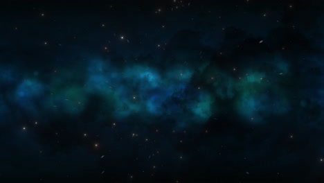 CGI-universe-zoom-through-of-stars-in-striped-blue-cloudy-nebula-in-space,-wide-view