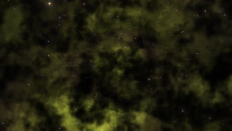 CGI-universe-zoom-by-of-stars-in-vast-dark-yellow-dustlike-nebula-cloud-in-deep-space,-wide-view