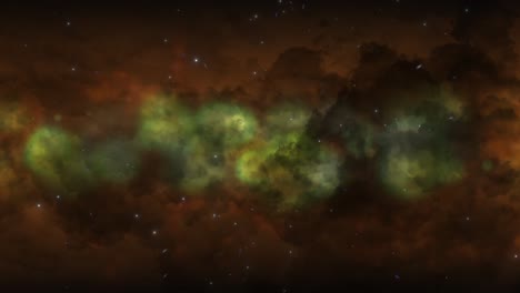 Cgi-universum-Zoomt-Durch-Sterne-Im-Gestreiften-Orange-gelben-Wolkigen-Nebel-Im-Weltraum,-Weite-Sicht