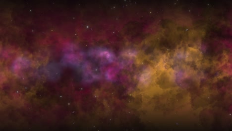 CGI-universe-zoom-through-of-stars-in-striped-orange-purple-red-cloudy-nebula-in-space,-wide-view