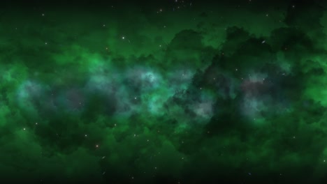 CGI-universe-zoom-through-of-stars-in-striped-green-cloudy-nebula-in-space,-wide-view