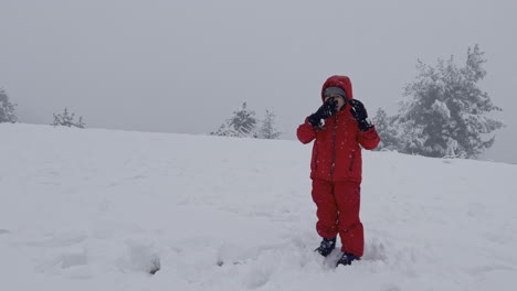 Four-year-old-boy-standing-on-a-alley-covered-of-snow,-in-countryside,-wearing-red-jacket,-looking-playful-and-eating-snow