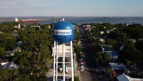 Panning-around-the-water-tower-in-Southport,-North-Carolina