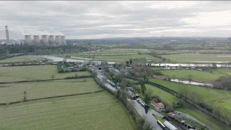 Trent-Lock,-Long-Eaton,-Nottingham,-Canal-Boats-Houses,-Ratcliffe-Power-Station,-River-Trent,-Aerial,-Dull-Day,-UK,-Cooling-Towers,-Winter