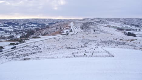 North-York-Moors,-Castleton-moors-road-towards-hutton-le-hole,-aerial-drone-footage-over-snowy-landscape