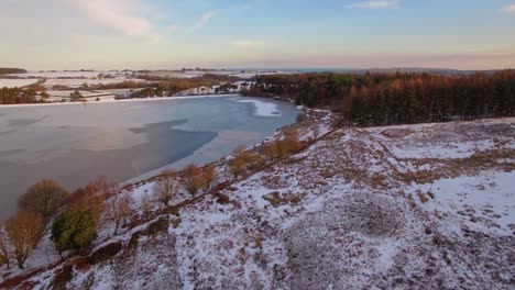 North-York-Moors,-Lockwood-Beck-in-winter---frozen-lake,-aerial-drone-footage