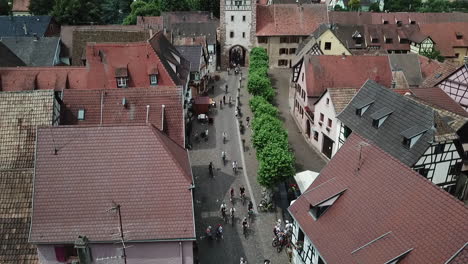A-stationary-aerial-footage-of-the-main-street-from-the-clock-tower-surrounded-by-houses