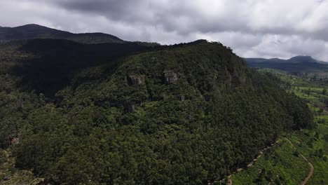 Alta-Montaña-Completamente-Cubierta-De-árboles-Verdes-En-Un-Denso-Bosque-Mientras-Una-Gran-Sombra-Se-Mueve-Lentamente-En-El-Paisaje-Montañoso-De-Nuwara-Eliya-En-Sri-Lanka-En-Un-Día-Nublado