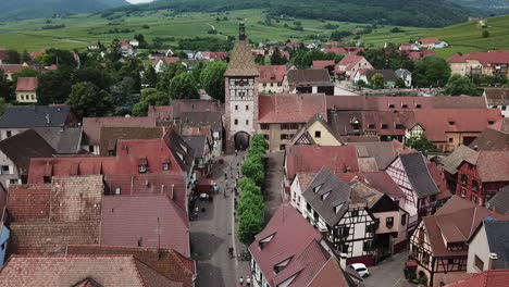 A-stationary-aerial-footage-of-the-clock-tower-surrounded-by-houses-and-the-grassland