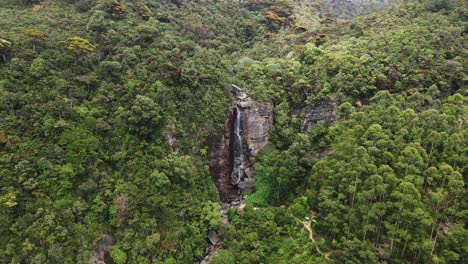 Hidden-between-the-vast-green-jungle-with-the-imposing-tall-trees-in-the-high-Lover's-Leap-waterfall,-which-is-known-for-its-romantic-folklore-in-Sri-Lanka